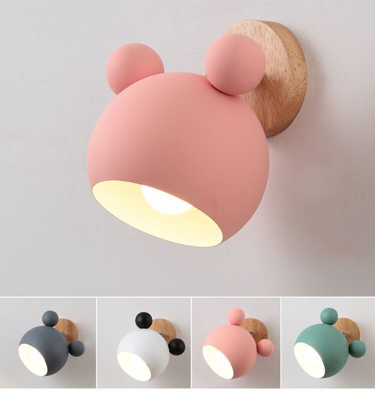 Nordic Creative Macaron Wall Lamp Simple Personality Bedroom Mickey Log Cartoon Warm Children's Room Bedside Lamp