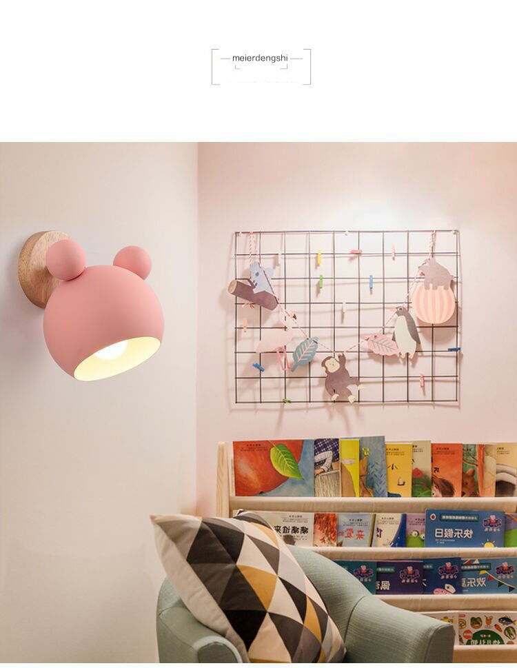 Nordic Creative Macaron Wall Lamp Simple Personality Bedroom Mickey Log Cartoon Warm Children's Room Bedside Lamp